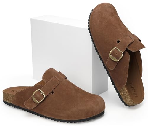 Image of ZUSERIS Suede Clogs for Women Men Wide Width Leather Mules | Soft Cork Footbed,Arch Support,Comfort Potato Shoes
