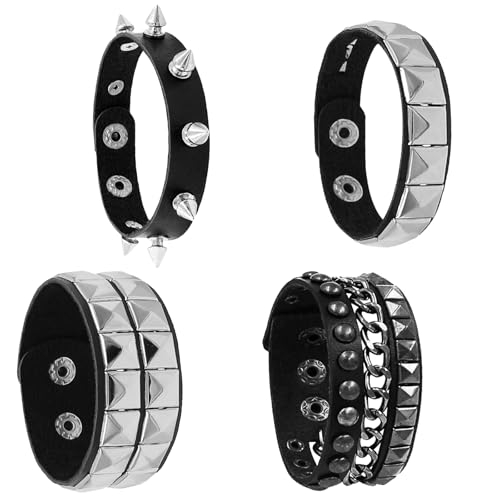 4 Pcs Leather Punk Bracelet Goth Accessory for Women Men 80s Costumes Accessories Studded Gothic Rock Bracelet Cuff