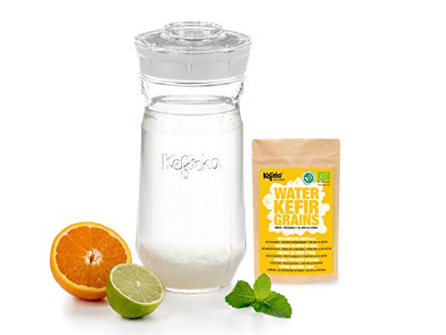 Kefirko Complete Water KEFIR Starter Kit- 1400ml Jar with Organic Grains – Make Your own Probiotic Drinks at Home for Good Gut Health and Build Your Immunity - White