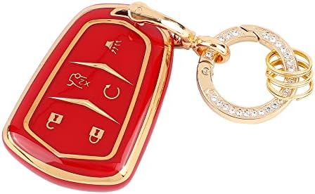 CARFIB Key Fob Cover for Cadillac Accessories ATS CTS CT6 SRX XTS XT4 XT5 Escalade 2022 2021 2020 2019 2018 Key Case Holder Car Remote Key Chain Ring Women TPU Red Gold