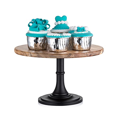 Nuptio Wood Cake Dessert Stand With Metal Black Matt Base, 8 Inches Round Cupcake Holder, Wedding Birthday Party Pedestal Display Plate (Wood, M) #TOP9
