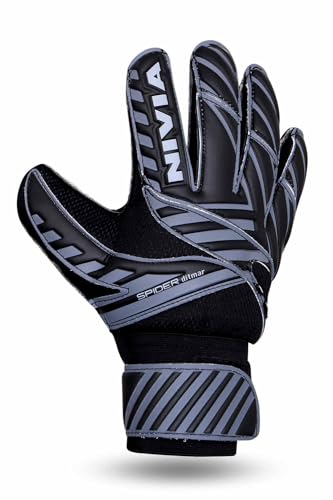 Image of Nivia Spider Black Goalkeeper Gloves for Men & Women, Hyper Grip Latex Palm, Embossed Cushioned PVC Backhand, Positive Cut, Airculated Sweat Management Design, Black(Medium)