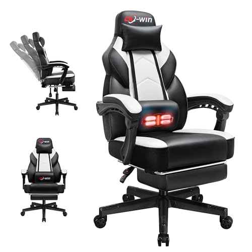 DL-win Video Gaming Chair for Adults, Computer Chair with Footrest and Ergonomic High Back, Big and Tall Gamer Chair with Massage Lumbar Support, 360° Swivel Height Adjustable Computer Chair, White