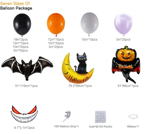Bonropin 194pcs Halloween Balloon Garland Arch Kit with Foil Balloons in Black, Orange, Gray, Purple & Spider Designs for Haunted House Parties