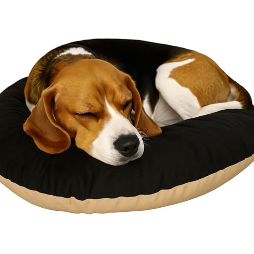 Image of The Pets Company Calming Dog & Cat Bed | Soft Fluffy Donut Reversible, Washable Pet Bed for Puppies | Cozy Plush Anti-Anxiety Cushion |, (L-30 Inch x B-30 Inch x H-5.5 Inch), Black & Beige-Medium