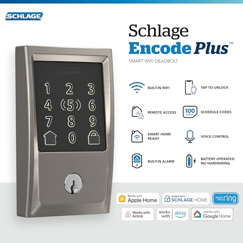 Image of Schlage Encode Plus Smart Wi-Fi Lock for Front Door, Keyless Entry Deadbolt, Unlock with Apple Watch, Built-in WiFi and App Control, Easy Install, Alexa & Apple HomeKit Compatible, Satin Nickel
