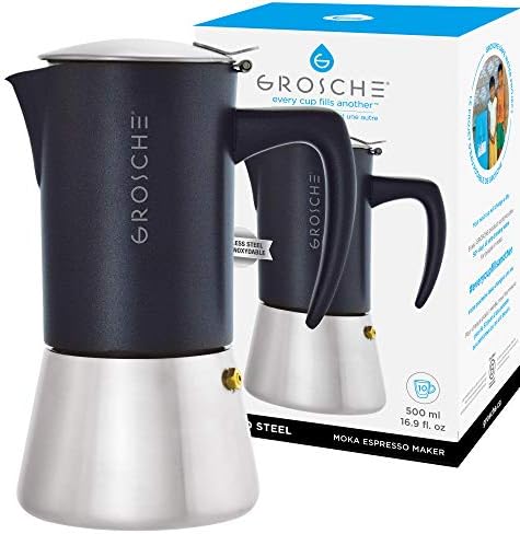 GROSCHE Milano Steel 10 espresso cup Stainless Steel Stovetop Espresso Maker Moka pot - Cuban Coffee maker Italian Espresso Greca coffee maker for Induction gas or electric stoves