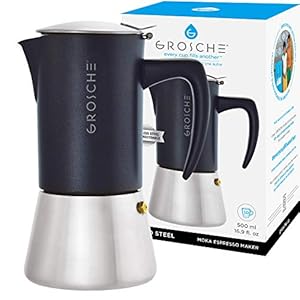 GROSCHE Milano Steel 10 Espresso Cup Stovetop Espresso Maker Stainless Steel Moka Pot for Greca Induction Electric Gas Stoves Dishwasher Safe Stovetop Espresso Maker Moka Pot