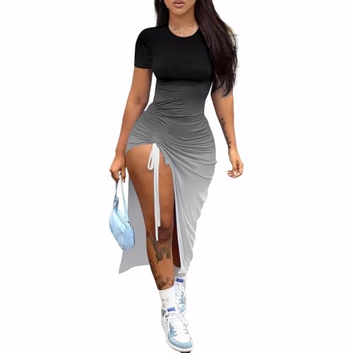 Image of Nimsruc Women Sexy Summer Dresses Short Sleeve Thigh-high Slit Ruched Bodycon Maxi Club Cocktail Party Dress