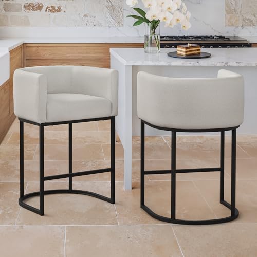 Image of LUE BONA Counter Height Bar Stools Set of 2, Modern Barrel Counter Stools with Backrest and Arms, Black Metal Frames, Linen Fabric Upholstered Accent Barstools for Kitchen Island, Light Gray