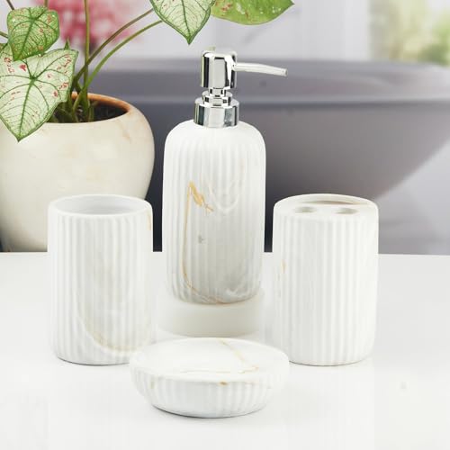 Image of SaSaSa Ceramic Bathroom Accessories Set of 4 Modern Bath Set with Soap Dispenser & Toothbrush Holder, Luxury Home & Gift Idea (11426)