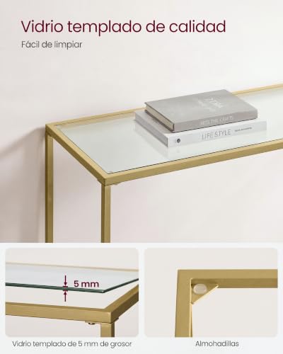 Miniatura 5 de Vasagle Mesa De Consola, Mesa De Entrada, Extremo Del Sofá, Tablero De Vidrio Templado, Marco De Metal, Patas Ajustables, Para Salón, Entrada, Pasillo, Dorado Pálido Y Transparente Lgt26g