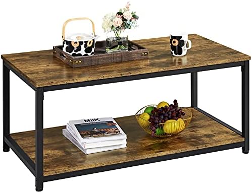Yaheetech Industrial Coffee Table with Storage Shelf for Living Room, 2-Tier Wood Table with Stable Metal Frame, Vintage Accent Furniture Table for Home