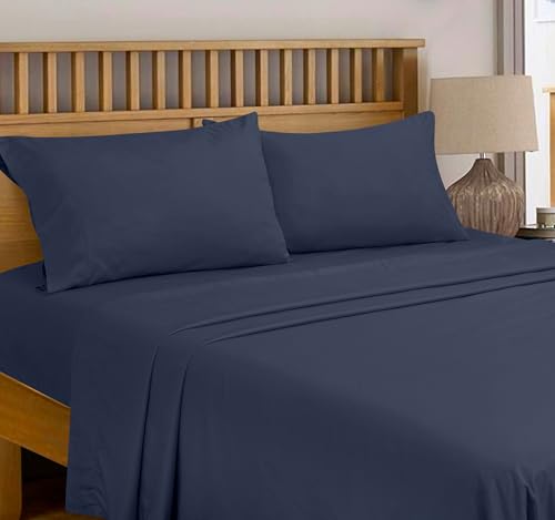 Image of Royale Linens 300 Thread Count 100% Long Staple Combed Cotton Flat Sheet - Super Soft - Top Sheets - Twin Flat Sheet Sold Separately - Breathable, Cool & Crisp Percale Sheets Only (Twin, Navy)