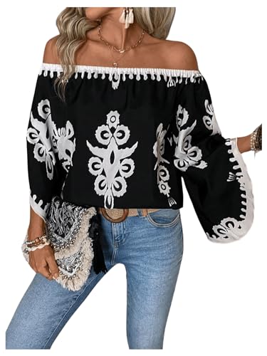 GORGLITTER Women's Off The Shoulder Bell Long Sleeve Top Allover Print Blouse Shirts