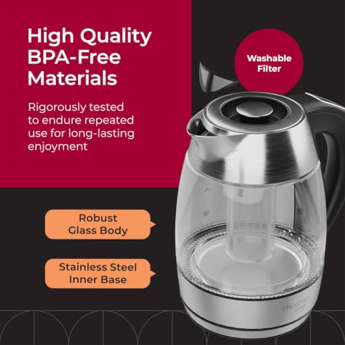 Image of Mueller Living 1.8L Electric Glass Kettle with Smart Handle LED Display | Automatic Shutoff | Cordless | Borosilicate Glass | BPA Free