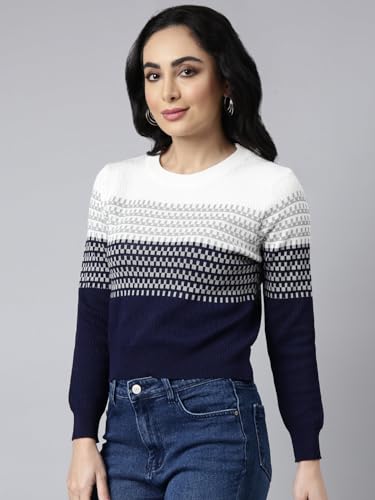 Image of SHOWOFFFF Women Geometric Fitted Casual Top | Round Neck Full Sleeves Knitted Top's for Womens | Regular Fit Midi Tops for Women's