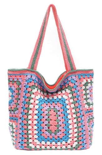 Image of Knitted Shouder Bags for Women Crochet Handbag Colorful Summer Totes Oversized Woven Top Handle Purse