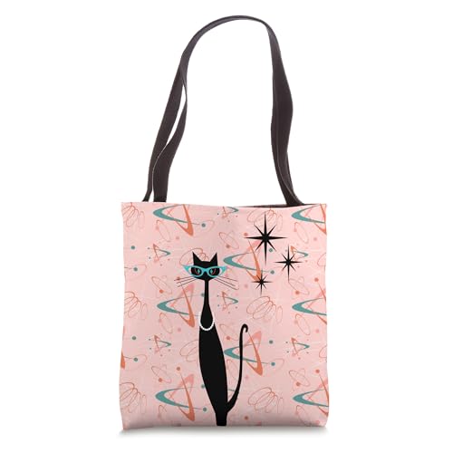 Bolso tote retro de la era atómica, estilo mid-century modern con diseño de gato miniatura 1