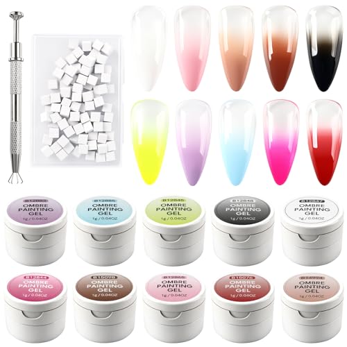 TADOPRO Ombre Gel Nail Polish Kit- 10 Colors Patting Gel Polish & 100 Mini Nail Sponges for Ombre & Grabbing Pen, Gradient Gel Nail Blush Blooming Aura French Nail Art Manicure Kit for DIY Home Salon