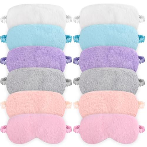 Yihurlm 12Pcs Plush Eye Mask,Furry Sleep Masks,Soft Sleeping Blindfold with Elastic Strap & Satin Back,Faux Fur Eye Covers Night Eyeshade for Girls Women Sleep Travel Nap Sleeping,6 Colors