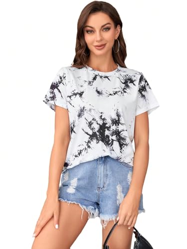 Verdusa Women's Casual Short Sleeve Tie Dye Tee White Multi Small