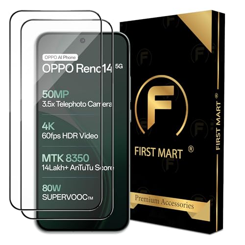 Image of FIRST MART Tempered Glass Screen Protector for Oppo Reno 14 / Reno 13 - Full-Glue Screen Guard, 3D Edge to Edge, HD Clear, Bubble-Free, Case-Friendly, Black, Pack of 2
