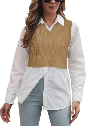 Lailezou Women's V-Neck Knit Sweater Vest Solid Color Argyle Plaid Preppy Style Sleeveless Crop Knit Vest