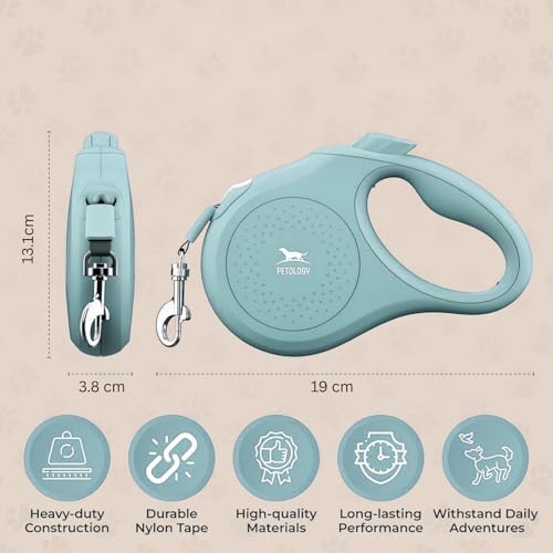 Image of Petology Retractable Dog Leash | 5 Meter (16ft) Nylon Tape | for Dogs Upto 25kgs | Heavy Duty Rope, 360 Tangle-Free, One-Hand Brake & Lock System, Anti-Slip Comfortable Grip