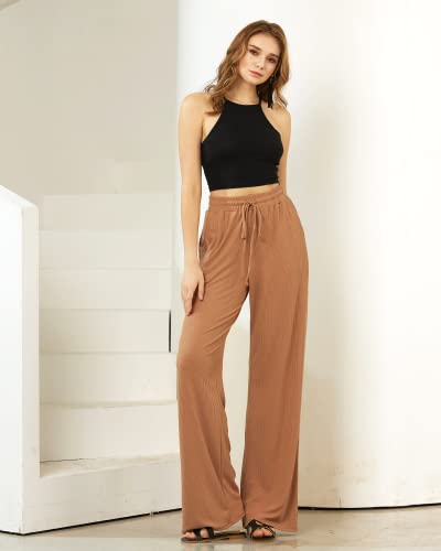 noflik Women's Casual Elastic High Waisted Drawstring Wide Leg Ribbed Knit Pants with Pockets2