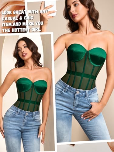 Image of Kaei&Shi Sheer Mesh Overbust Corset,Sexy Strapless Lace Up Satin Bra Corsets Top For Women Shapewear
