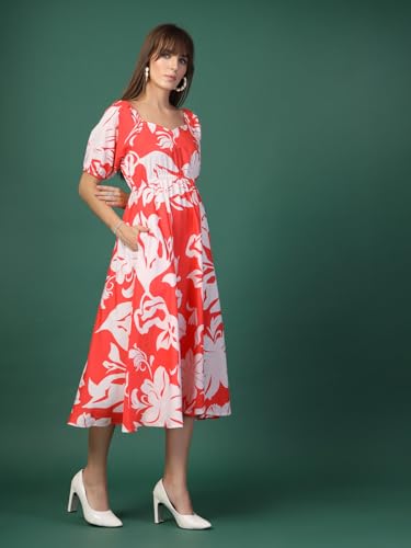 Image of OOMPH! Below Knee Shift Pink Dress in Crepe Fabric with Round Neck and Puff Sleeves - md619l