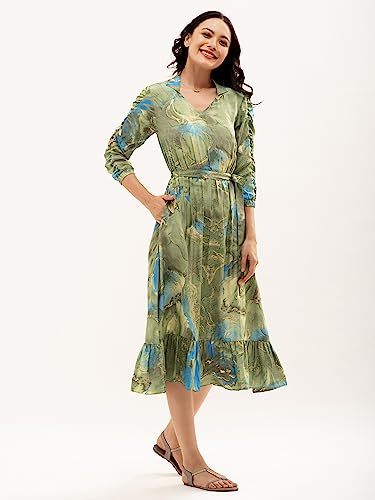 Image of AASK Abstract Printed Puff Sleeve Gathered Detailed Fit Flare Dress