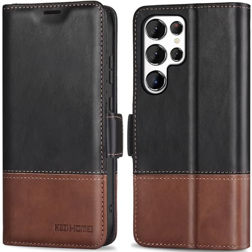 KEZiHOME for Samsung Galaxy S24 Ultra Case, Genuine Leather [RFID Blocking] Galaxy S24 Ultra Wallet Case, Card Slot Kickstand Protective Phone Cover Compatible with Samsung S24 Ultra (Black/