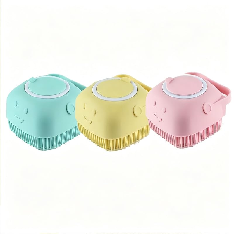 Silicone Pet Bath Brush, Refillable Shampoo Grooming Massager, Soft Deep Cleaning Brush for Dogs Cats (blue+yellow+pink)