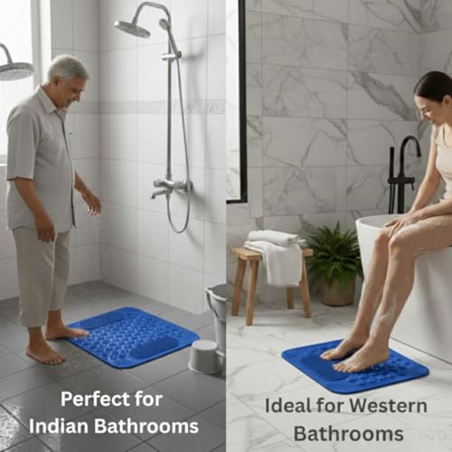 Image of Charge -X Anti Slip Bath Mat with Foot Scrubber for Bathroom | 2-in-1 Silicone Shower Mat with Suction Cups & Drainage Holes | Deep Cleaning Foot Scrubber Massage Mat (70 x 35 cm) Blue