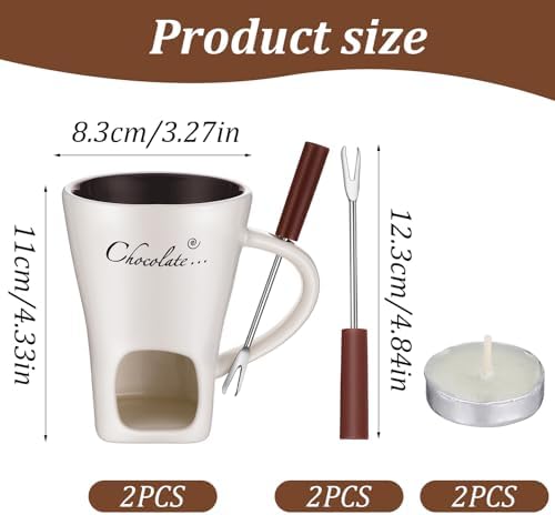 2 Pcs Chocolate Fondue Mug with Fork and Candle Sweet Ceramic Personal Chocolate Melting Cup Chocolate Fondue Mug Ideal Gifts for Date Night Birthday Wedding Gifts (White) - 1