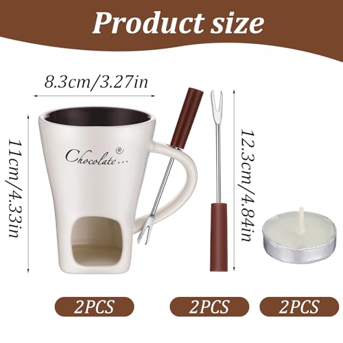 2 Pcs Chocolate Fondue Mug with Fork and Candle Sweet Ceramic Personal Chocolate Melting Cup Chocolate Fondue Mug Ideal Gifts for Date Night Birthday Wedding Gifts (White)