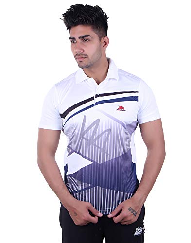 POWERHAWKE Men’s White Blue Polo T-Shirt Drifit Fabric for Gym, Running, Cycling, Swimming, Cricket, Basketball, Yoga, Football, Tennis, Badminton & More Outdoor & Indoor Sports