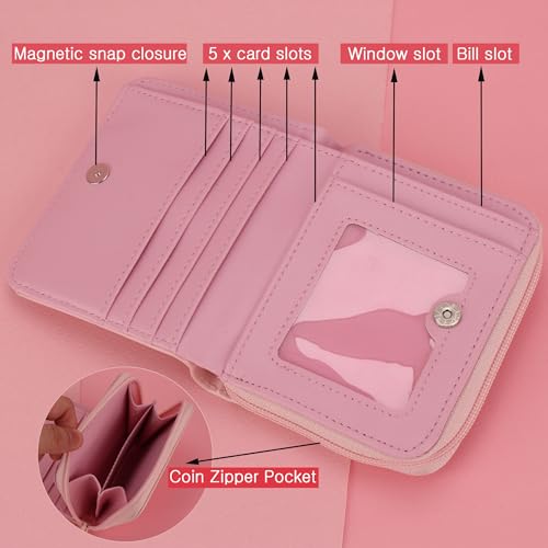 Hello-Kitty Rotating Secret Mirror Zipper Bifold Small Pink Perl Purse Zip Around Vegan Leather Wallet Cards Coin Pocket Bill Slot for Women Girls4