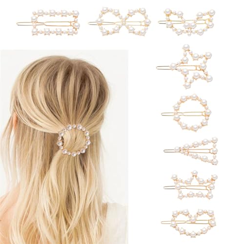 AKOAK Set de 8 Pinzas de Pelo Metálicas en Forma de Corazón y Geométricas con Perlas para Damas y Niñas miniatura 3