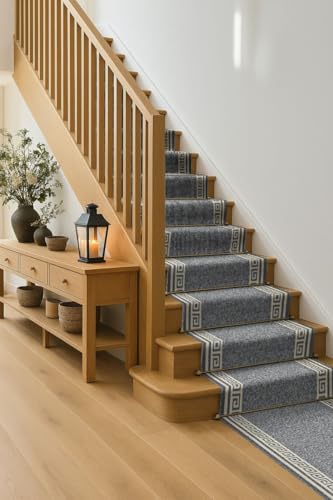 Bravich RugMasters Greek Grey Rubber Backed Non Slip Machine Washable Very Long Hallway Hall Runner Narrow Rugs Custom Length Stair Mats 2'2"x8'FT (66x244cm)