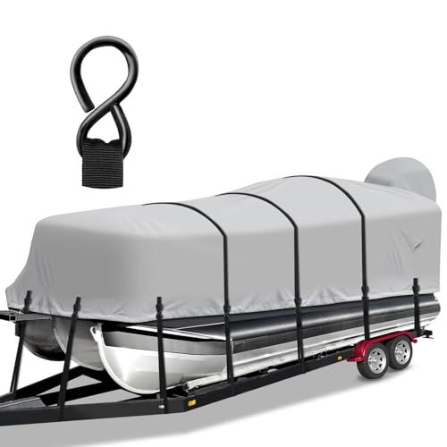 Pontoon Boat Cover, Heavy Duty 1200D Waterproof Pontoon Cover with Motor Cover and Windproof Adjustable Metal Buckle, 17-20 ft, Gray