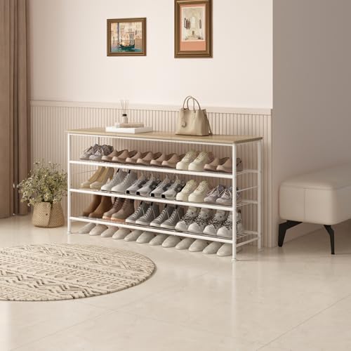Image of SUOERNUO Shoe Rack Organizer 4 Tier for Closet Entryway Free Standing Metal Storage Shoe Shelf with MDF Top Board (White+Oak, Large 4 Tier)