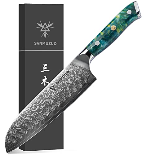 SANMUZUO Santoku Knife - 7 inch - Xuan Series - VG10 Damascus Steel Kitchen Knife - Resin Handle (Jude Green)