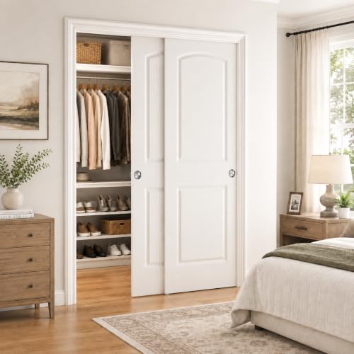 JUBEST 48x80 in Sliding Closet Door, Raised 2-Panel Arch Top White Primed Hollow Core Door Slab with Hardware Kits & Matching Fascia, Pre-drilled & Paintable, Space-Saving for Bedroom Laundry