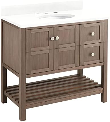 Signature Hardware 953313-36-UM-8 Olsen 36" Single Vanity Set with Wood Cabinet, Stone Vanity Top, and Oval Undermount Porcelain Sink - 8" Faucet Holes - Ash Brown/Feathered White
