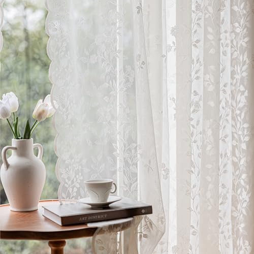 Ivory Lace Curtains 84 Inches Long Victorian Floral Semi Sheer Curtains for Living Room Bedroom Decor Drapes Rod Pocket Light Filtering Vintage Window Curtains 2 Panels Set for Dining Room, 55Wx84L