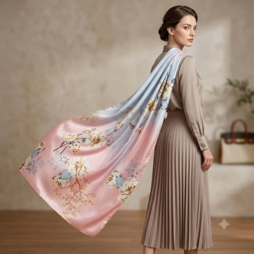 Image of Floral Printed Silk stole | silk Scarf for Women | stylish silk stole for women | Soft Lightweight Stole, Shawl & Neck Wrap | Scarf for Wedding, Party, Travel & Casual Wear