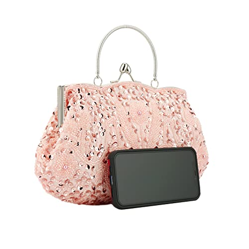 Vistatroy Floral Designer Evening Bag Beaded Sequin Design Vintage Kissing Lock Satin Clutch Purse Bag Wedding Party Clutch (Pink) #TOP2